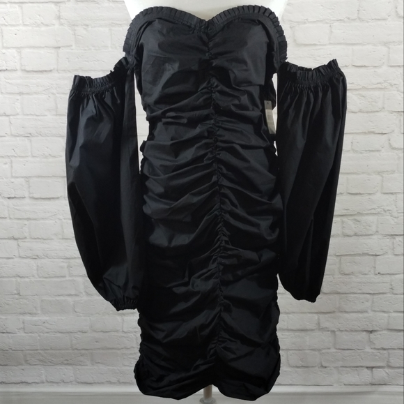 Guess Dresses & Skirts - W GUESS Black Front Side Ruched Balloon Sleeve Off Shoulder Bodycon Dress NWT 14